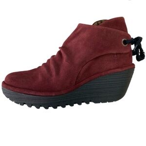 FLY LONDON Yebi Suede Tieback Ruched Wedge Booties Size 10